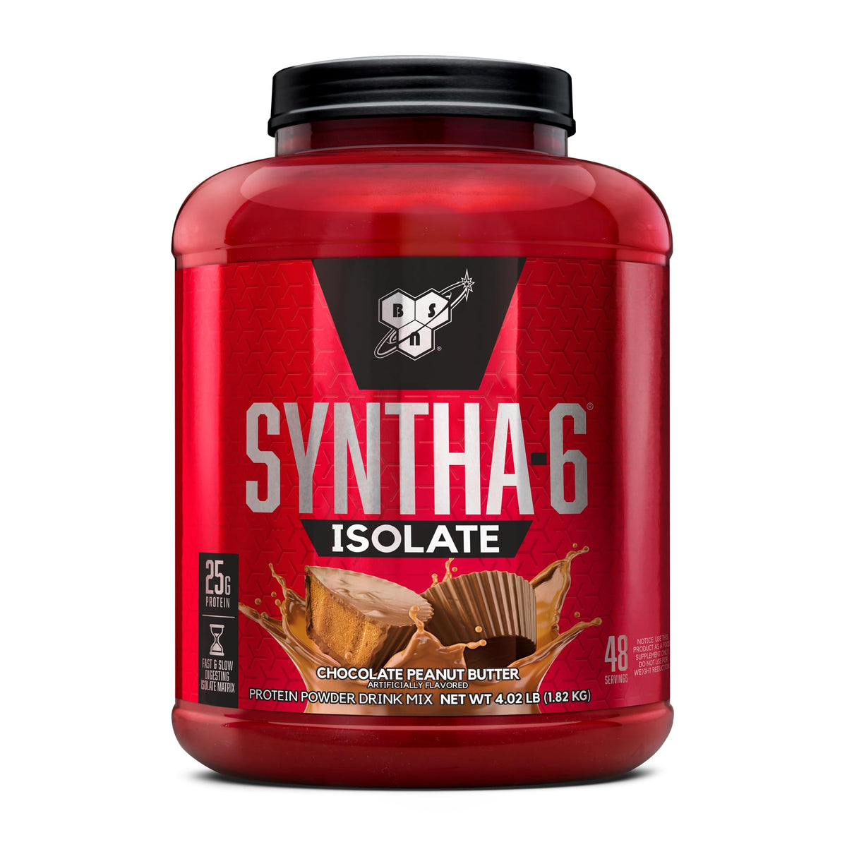 BSN bote frente mostrando sabor Chocolate Peanut Butter y tamaño