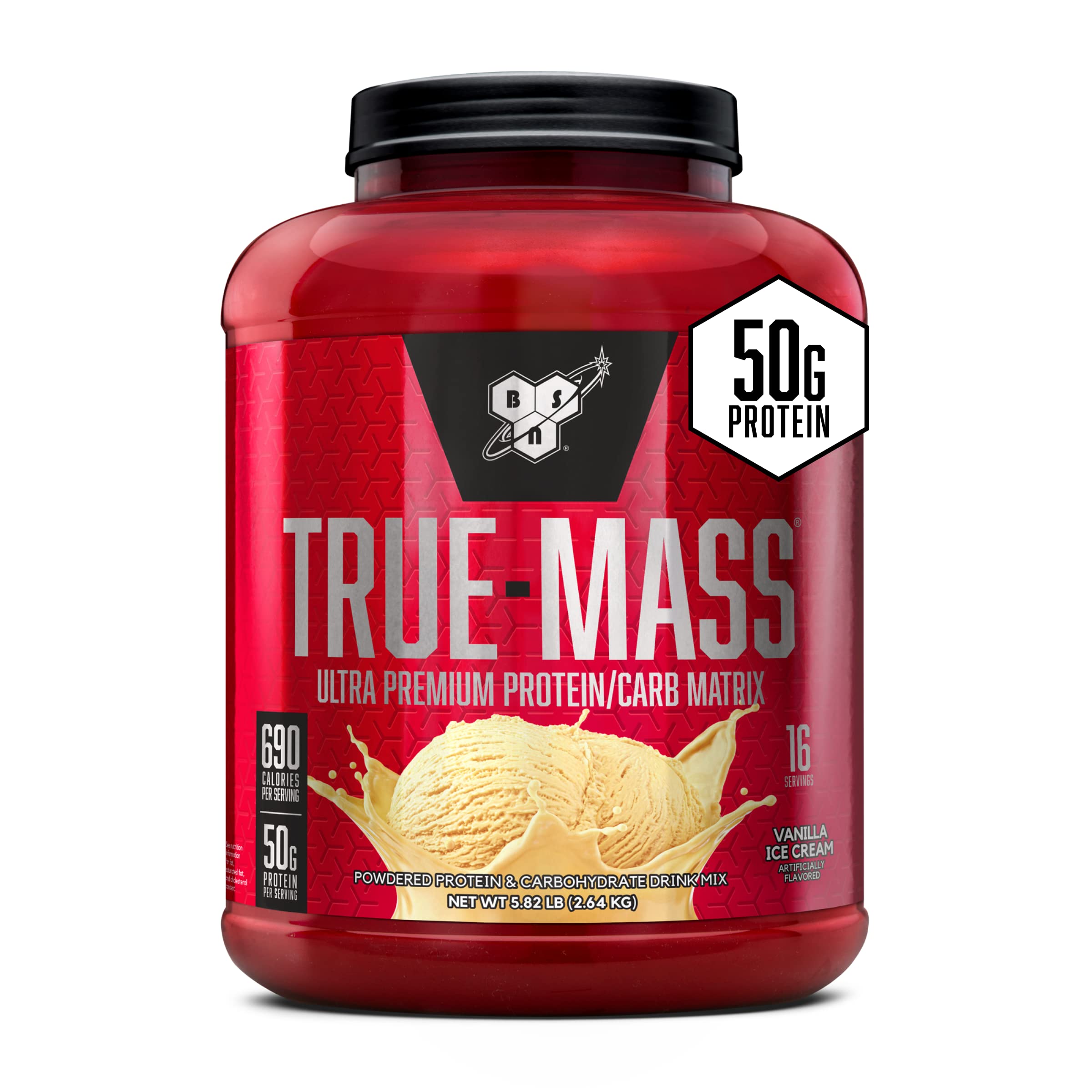 BSN envase frontal de TRUE-MASS Vainilla mostrando tamaño y diseño