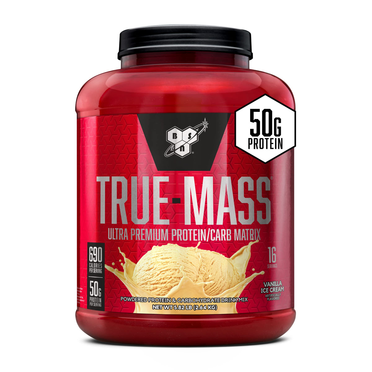 BSN envase frontal de TRUE-MASS Vainilla mostrando tamaño y diseño