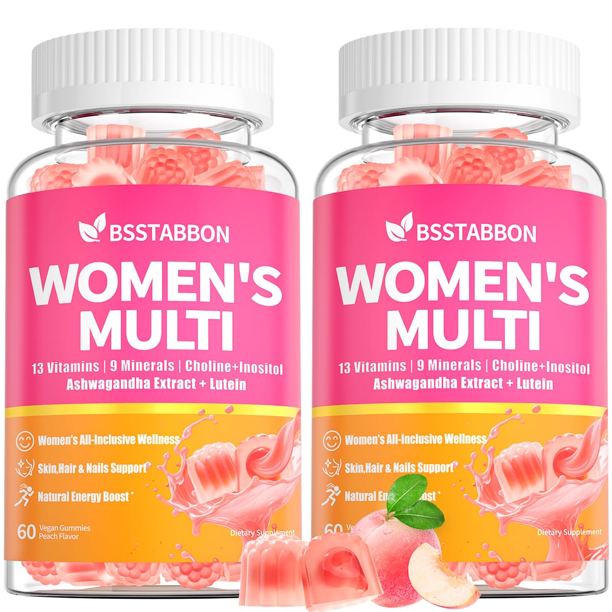 BSSTABBON frasco frontal de gomitas multivitamínicas con etiqueta clara y atractivo visual