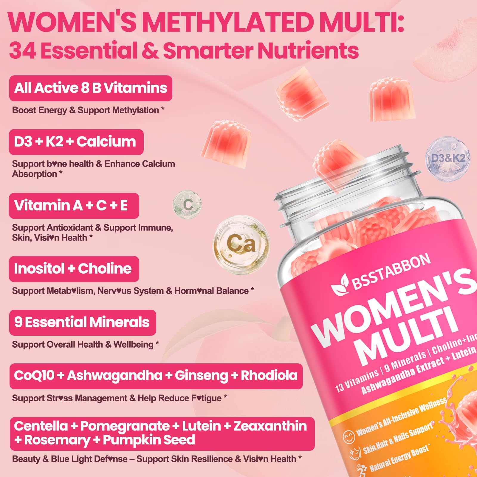 BSSTABBON mujer tomando una gomita, conveniencia y energía para el día a día