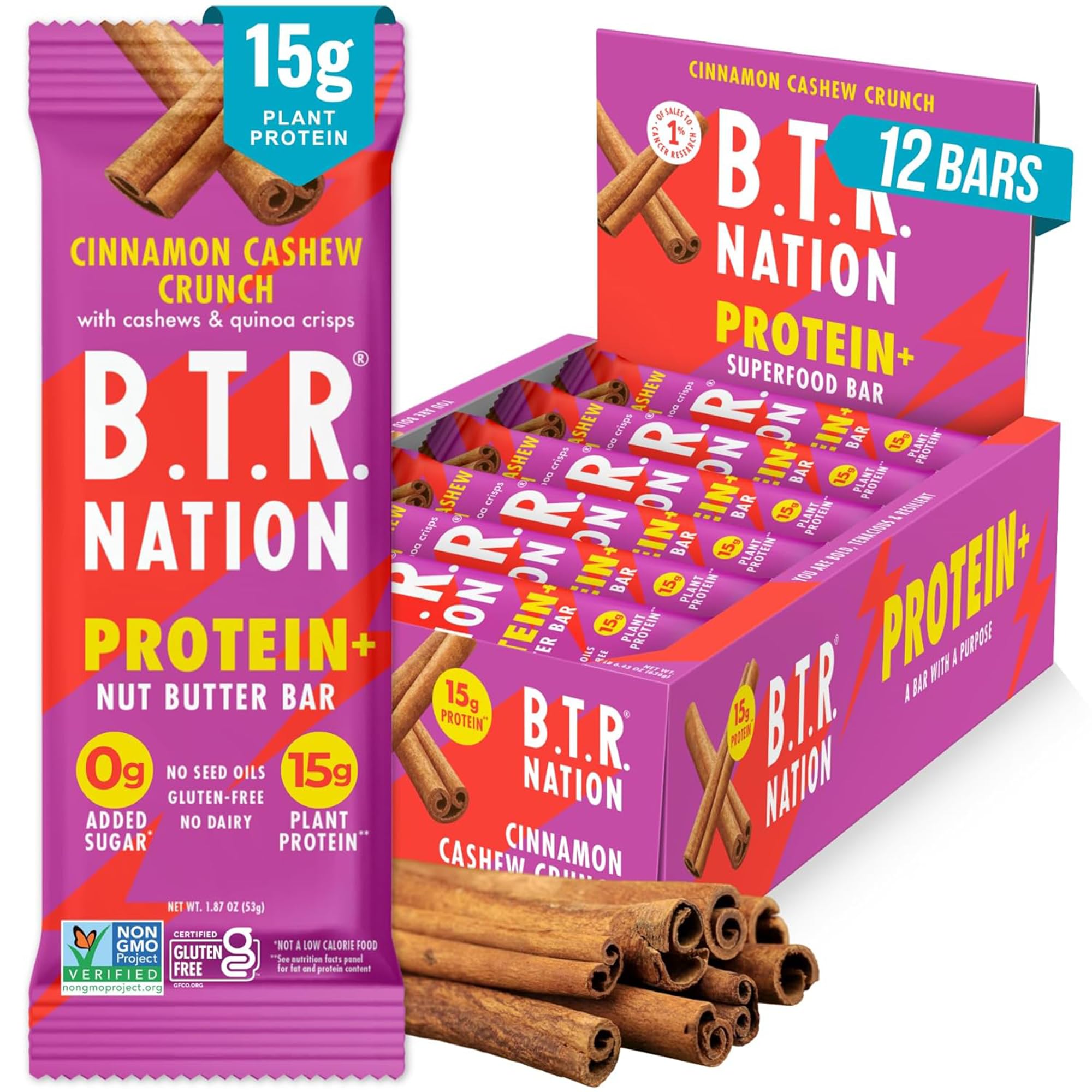 B.T.R. paquete frontal mostrando 12 barras, ideal para reemplazo de snack