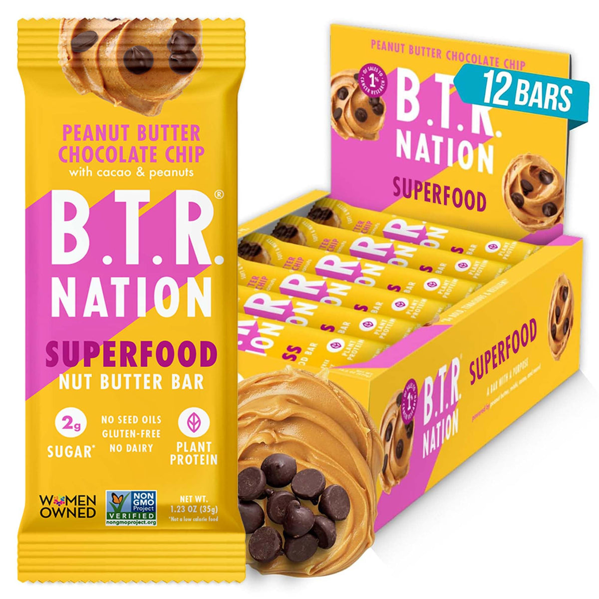 B.T.R. vista frontal del empaque que destaca ingredientes y beneficios