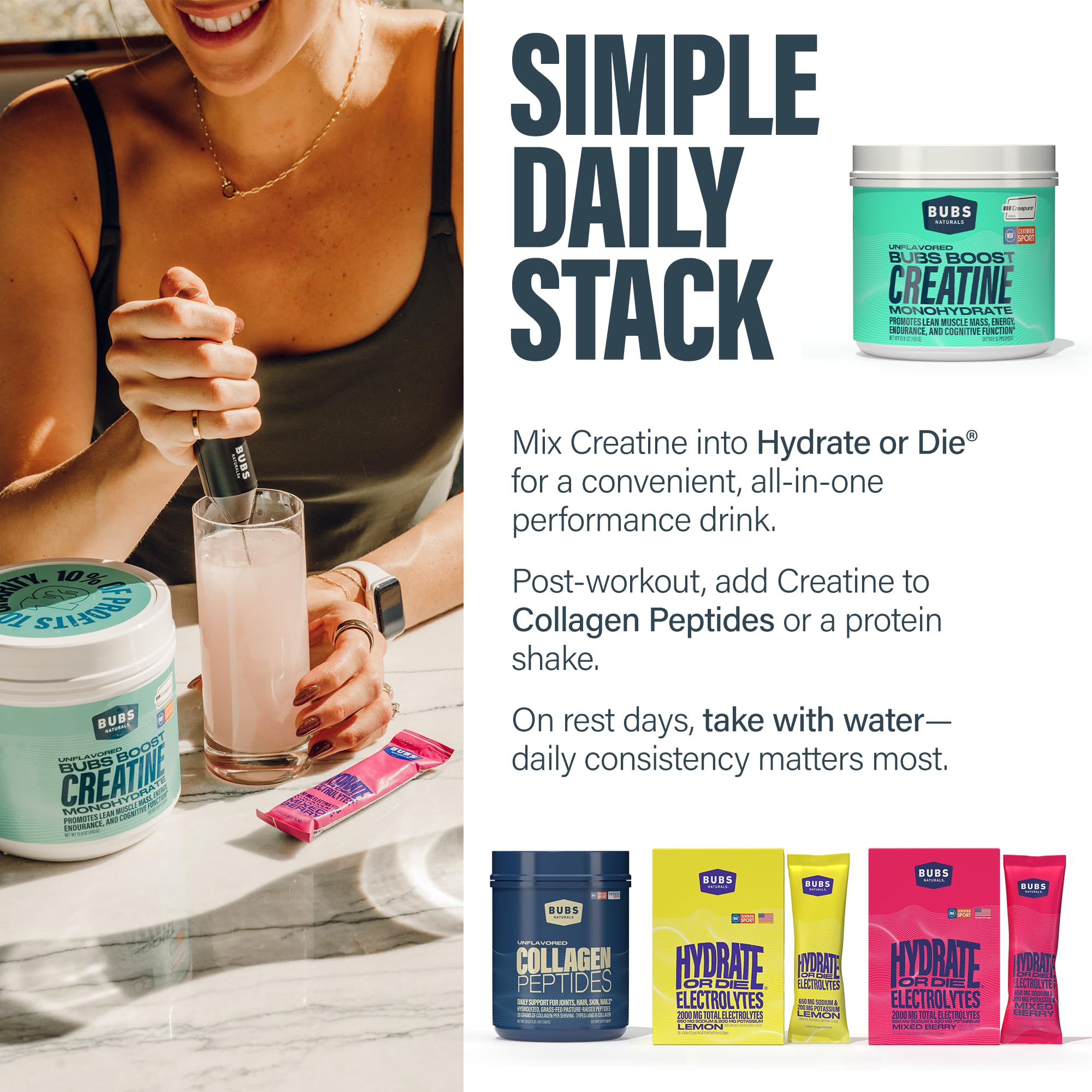BUBS Naturals Creapure® en detalle que resalta calidad del ingrediente
