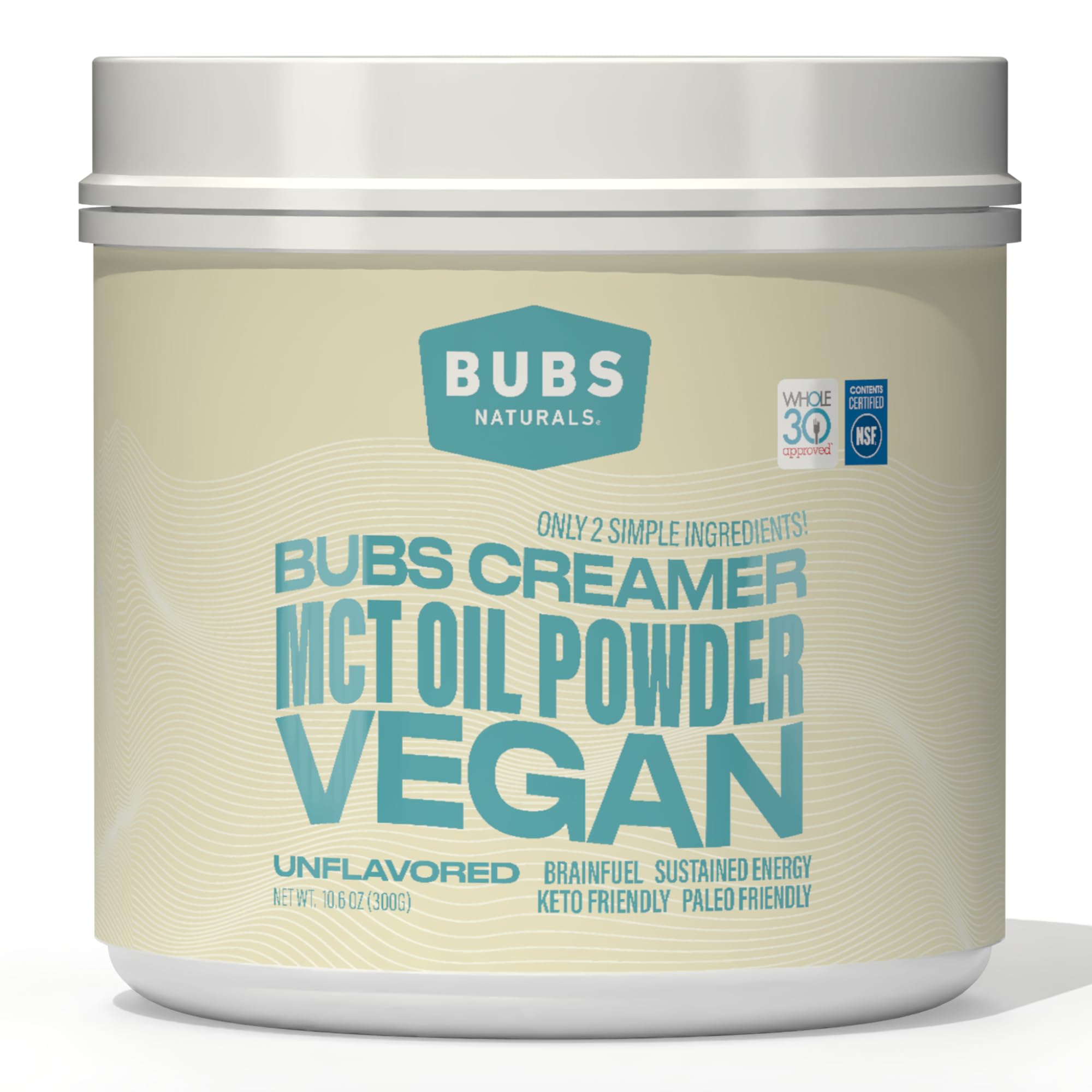 BUBS Naturals envase frontal mostrando MCT Powder y beneficios