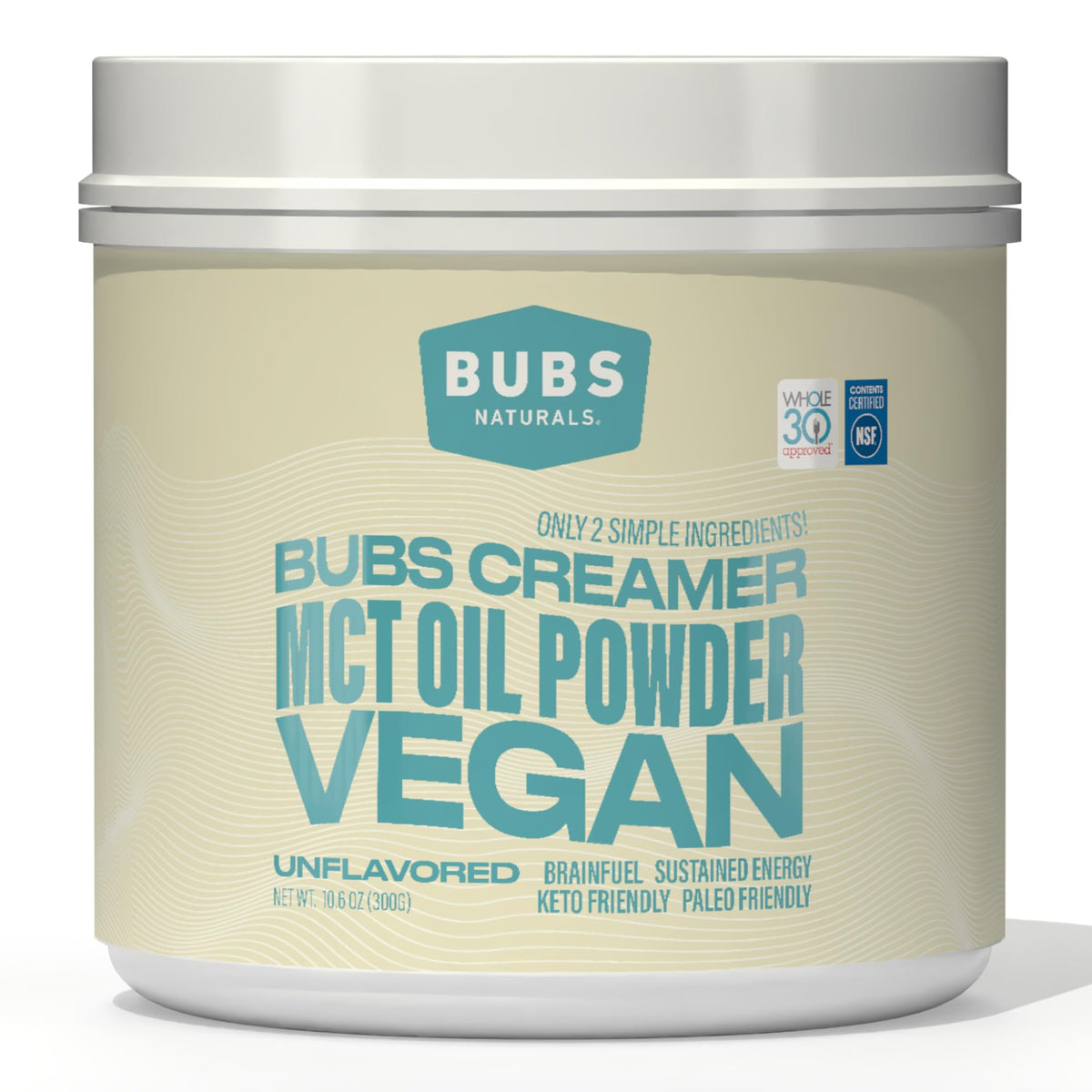 BUBS Naturals envase frontal mostrando MCT Powder y beneficios