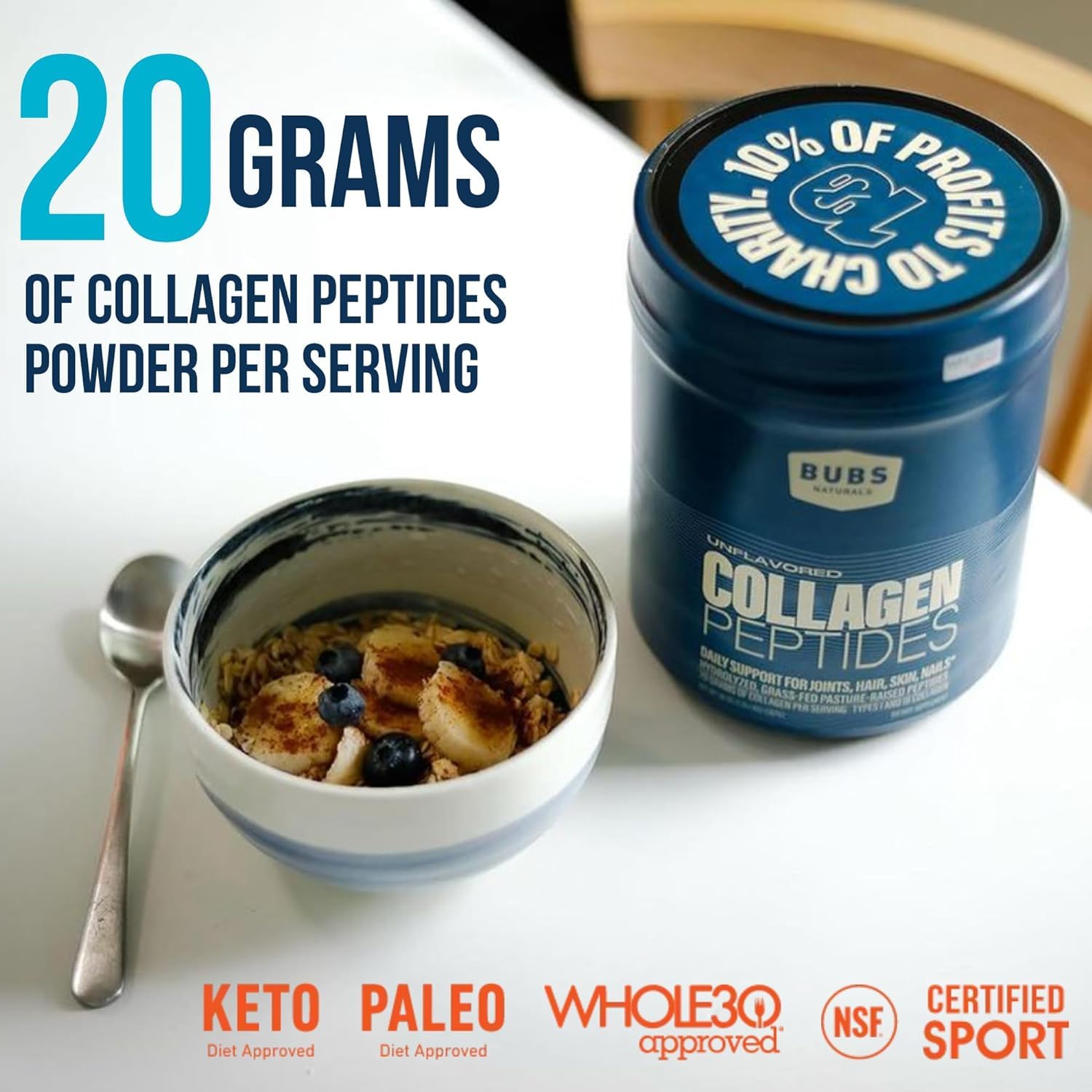 BUBS Naturals cucharada con 20g, control de porciones y dosificación precisa