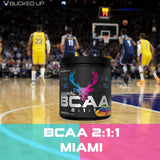 Comparación de tamaño del envase Bucked Up BCAA con una botella de agua