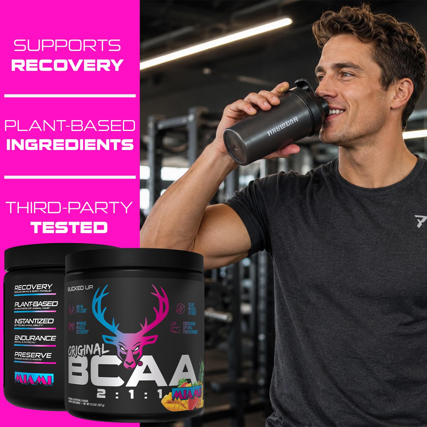 Deportista usando Bucked Up BCAA en gimnasio, apoyo pre y post entrenamiento