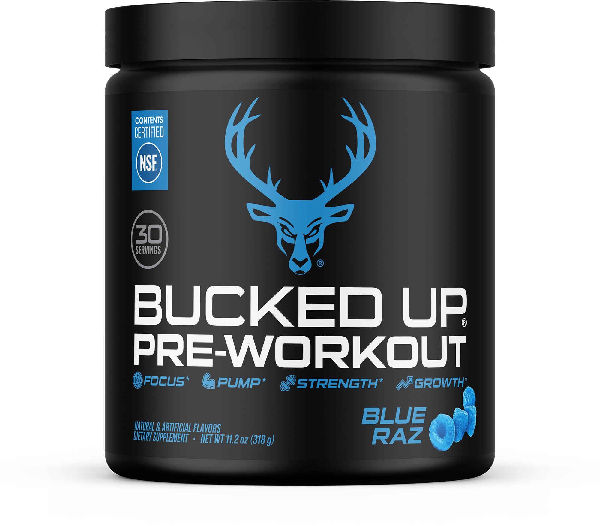 Bucked Up frente del envase azul Raz mostrando la marca y beneficios claros