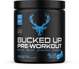 Bucked Up frente del envase azul Raz mostrando la marca y beneficios claros