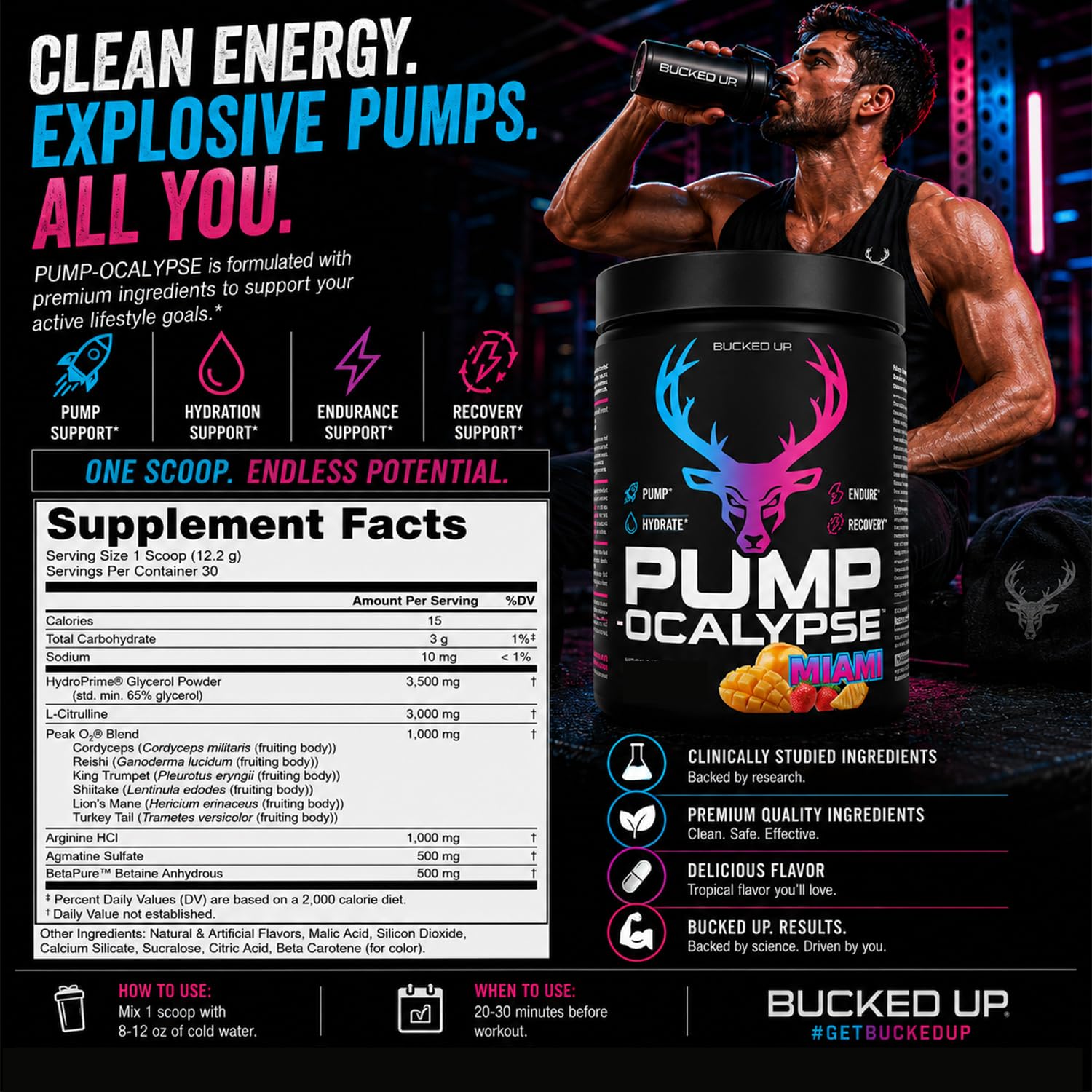 Bucked Up detalle de GlycerPump que mejora hidratación celular