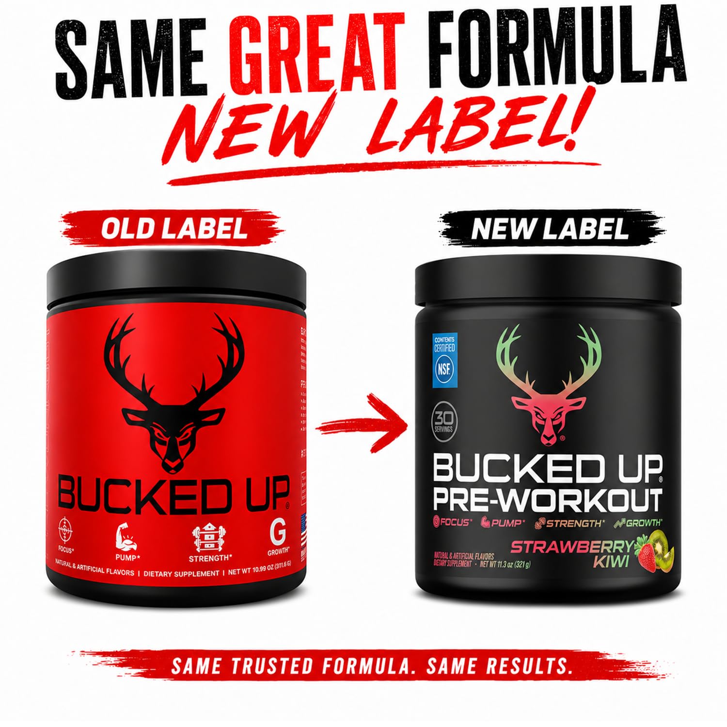 Bucked Up etiqueta clara con ingredientes transparentes y dosis visibles