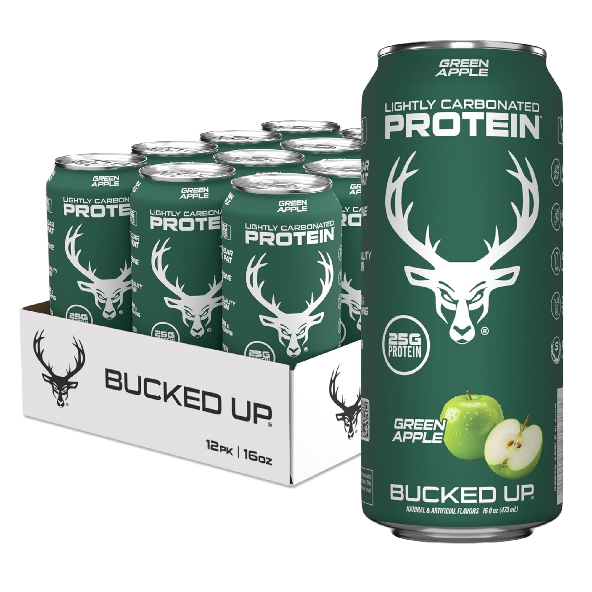 Bucked Up lata frontal sabor manzana verde mostrando diseño y beneficio refrescante