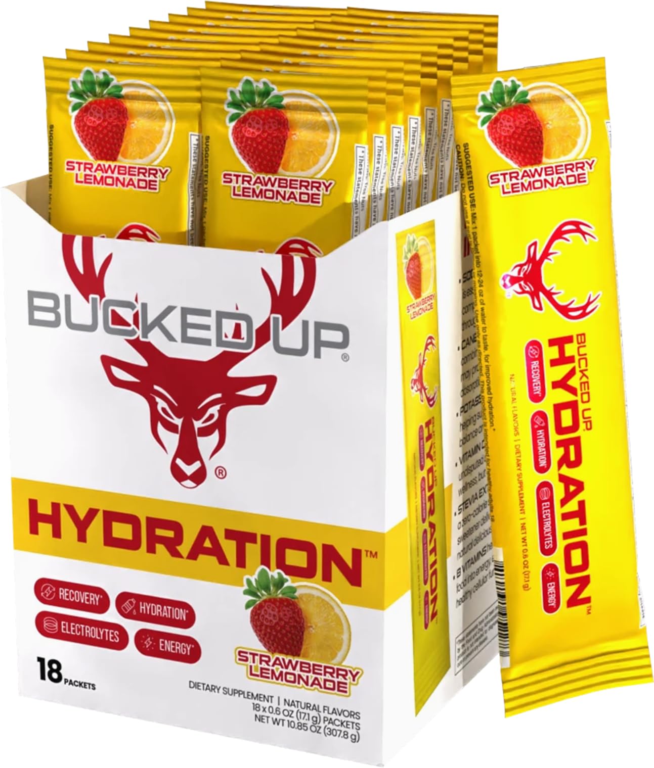 Bucked Up frente del paquete mostrando diseño y beneficios visibles