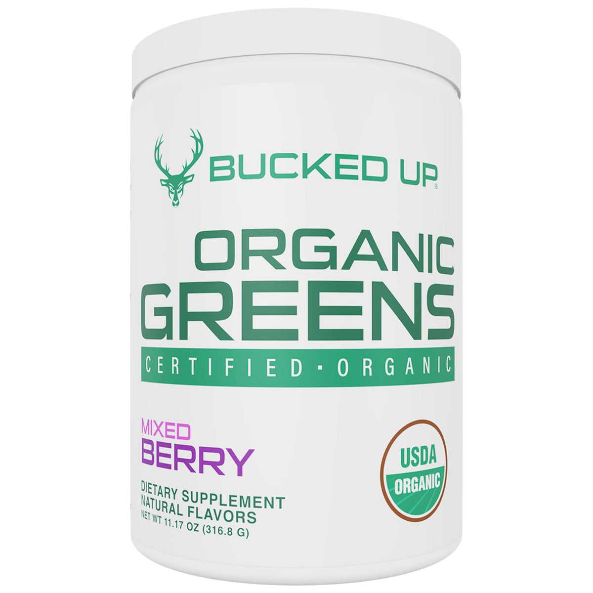 Bucked Up envase frontal mostrando sabor Mixed Berry y beneficio práctico