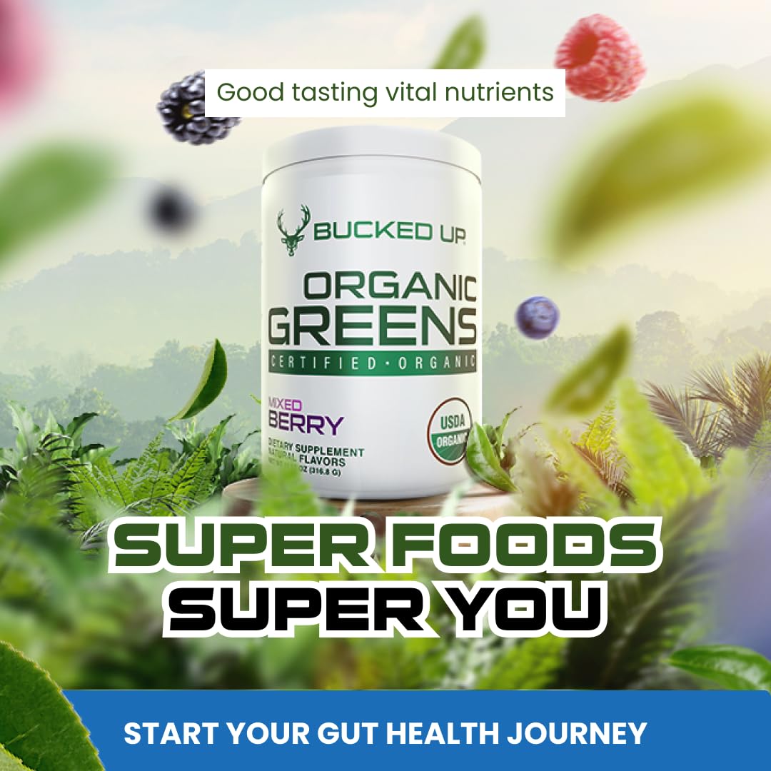 Bucked Up primeros planos de chlorella, kale y espinaca como fuentes vegetales