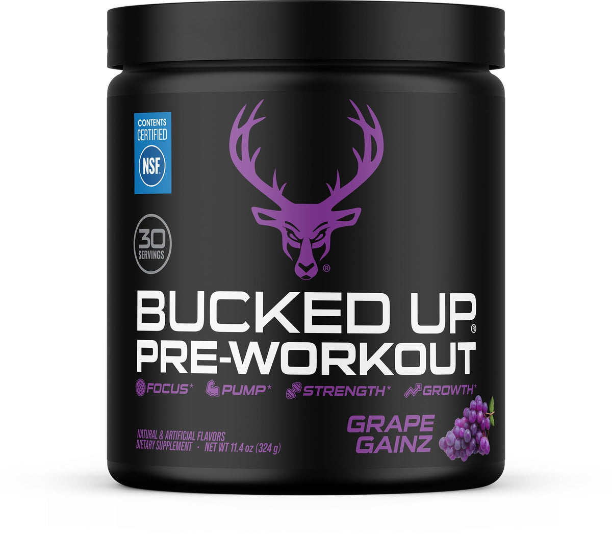 Bucked Up frente del empaque mostrando sabor uva y beneficios