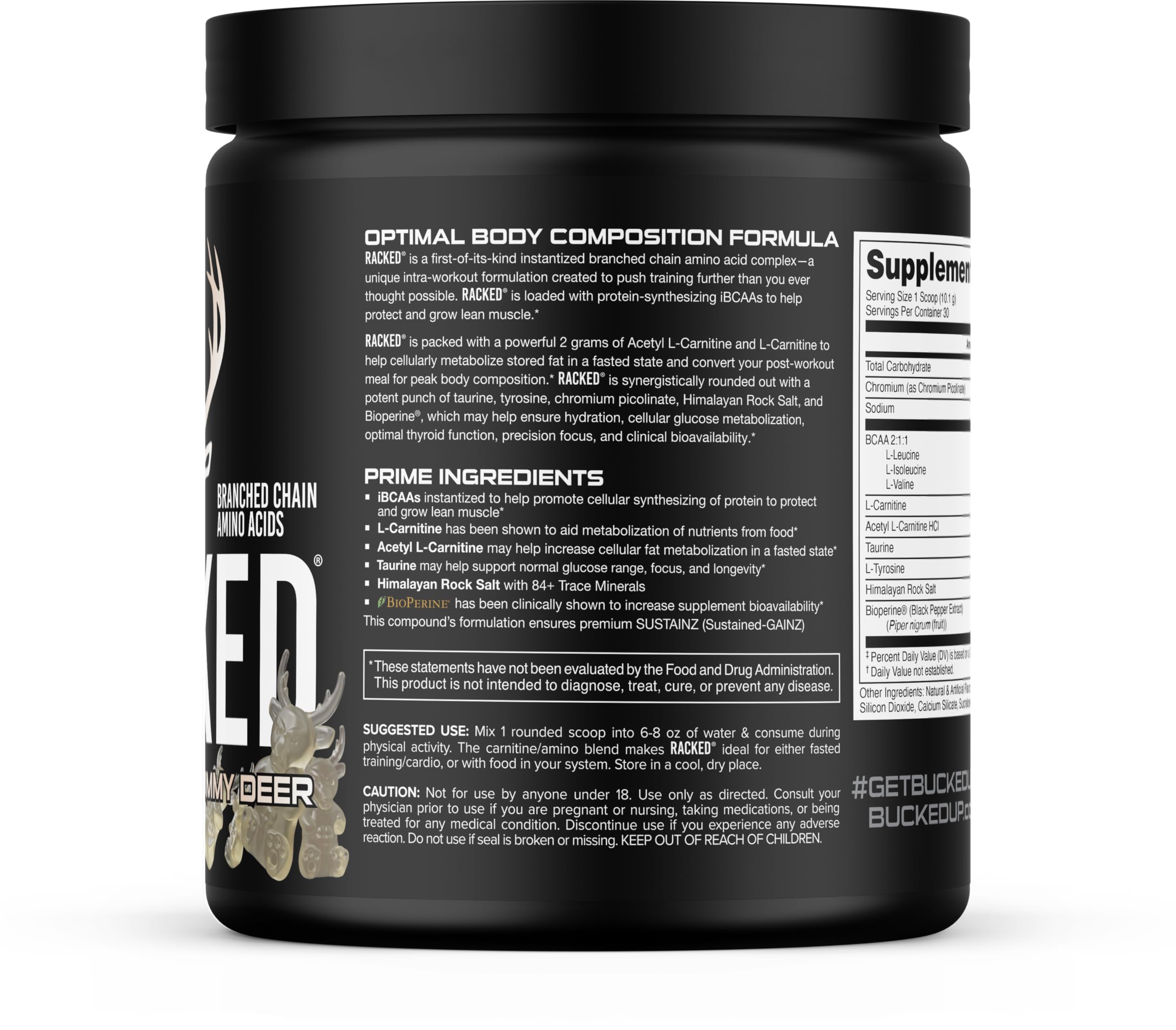 Bucked Up etiqueta de ingredientes con cantidades visibles y transparencia