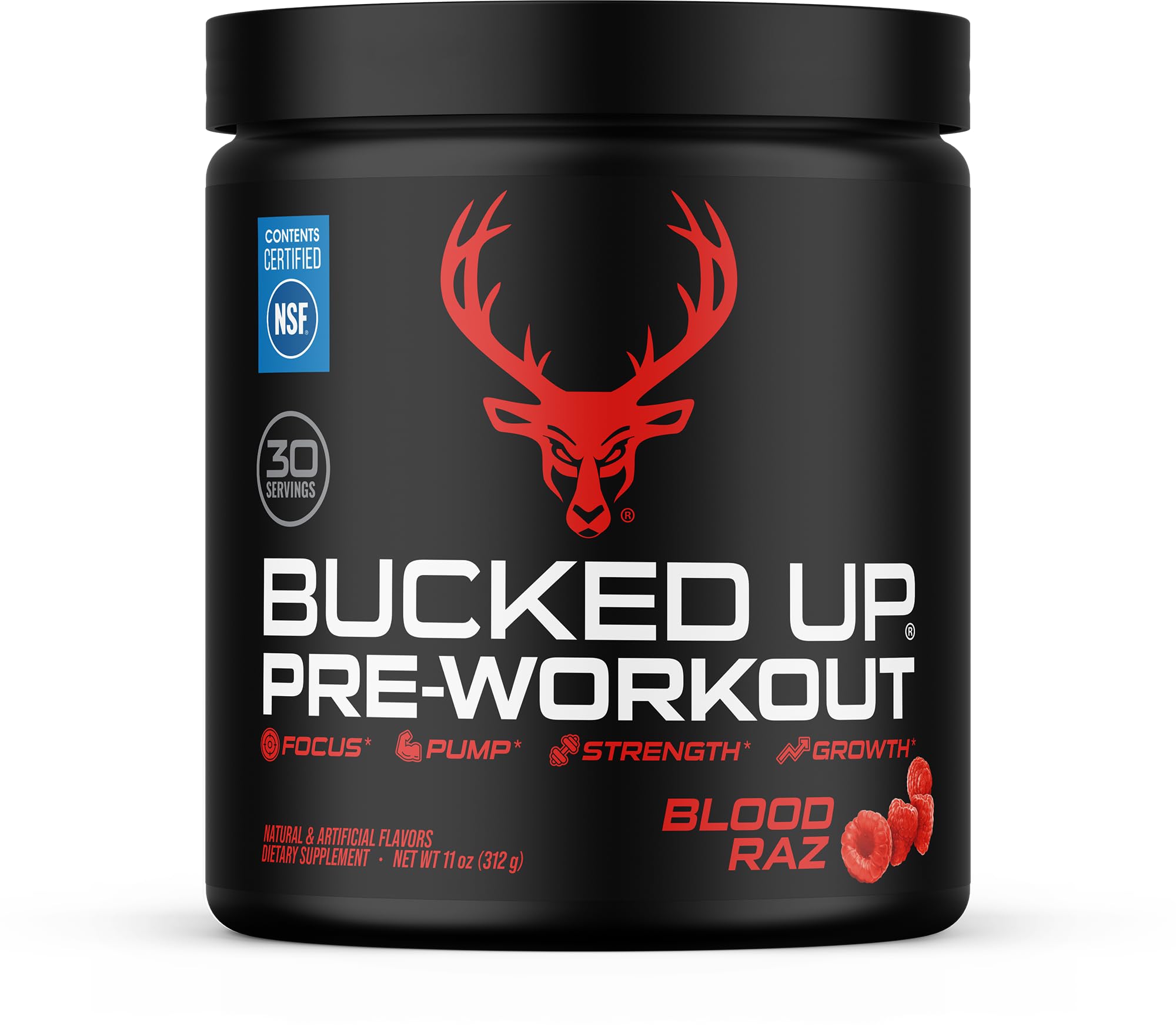 Bucked Up empaque frontal Red Raz con diseño llamativo y sabor intenso