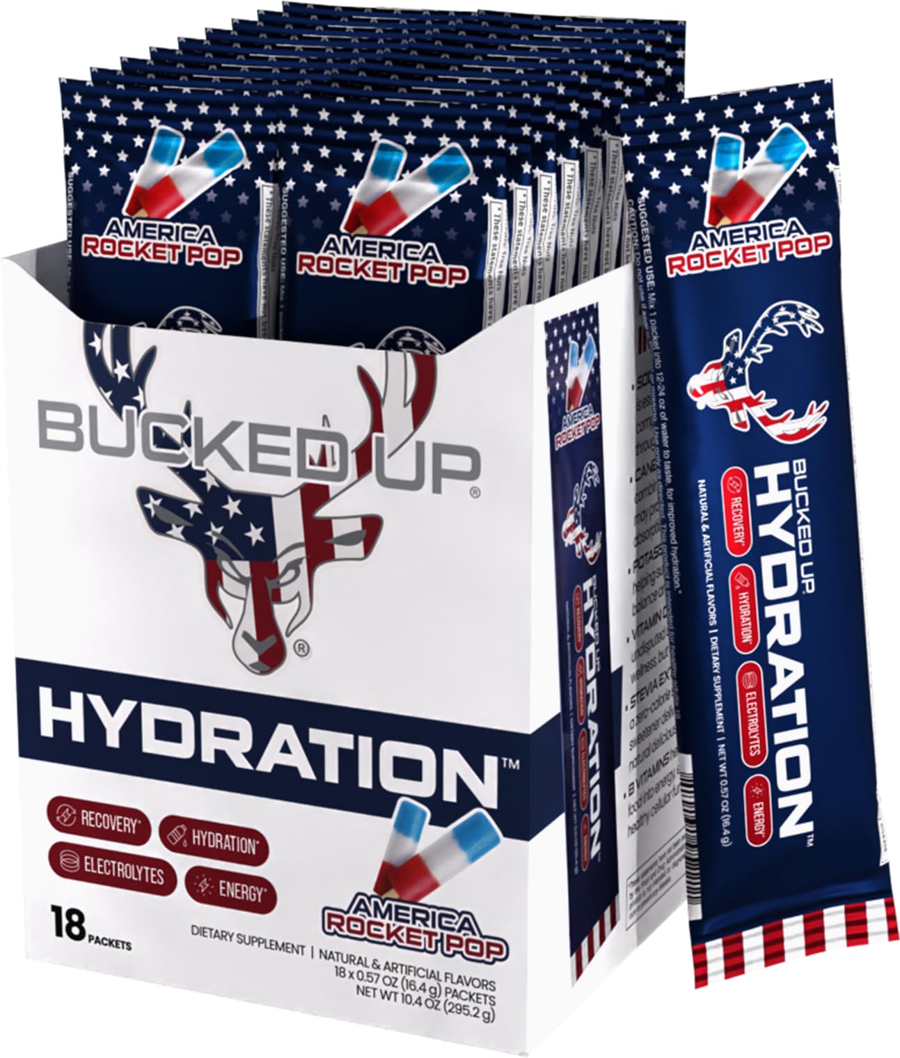 Bucked Up envase frontal mostrando sabor Rocket Pop y conveniencia