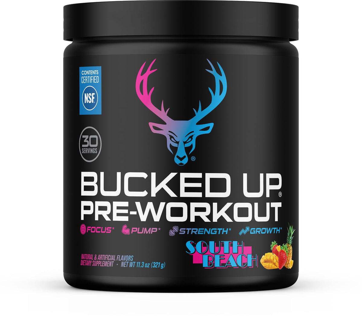 Bucked Up frente del envase mostrando diseño y cantidad de 30 servicios para conveniencia