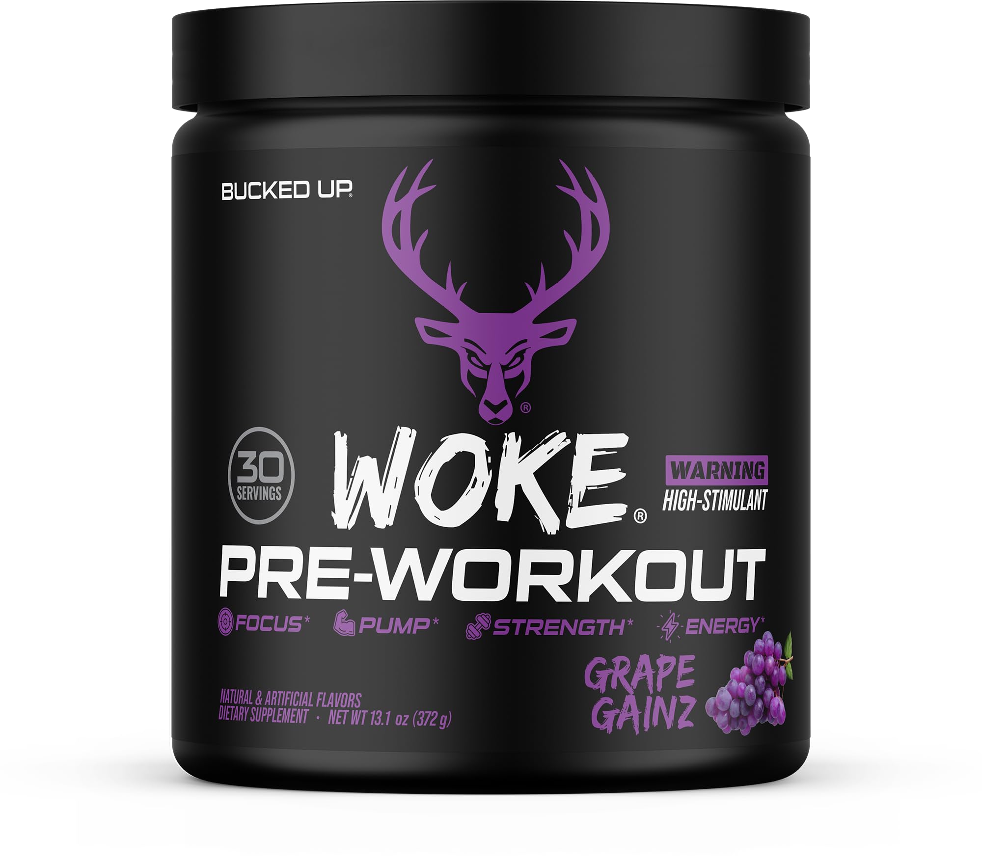 Bucked Up Woke envase frontal destacando sabor uva y 30 servicios
