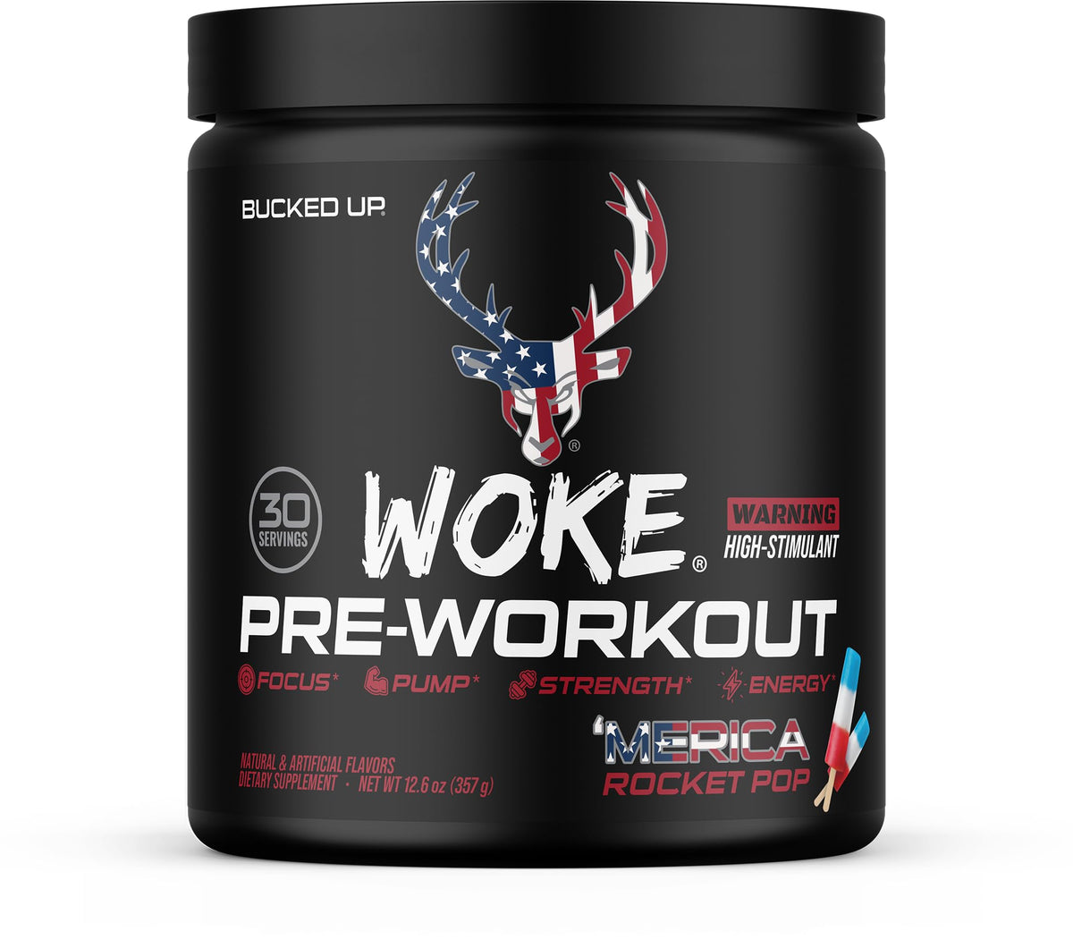 Bucked Up Woke envase frontal con sabor Rocket Pop y beneficio energía intensa