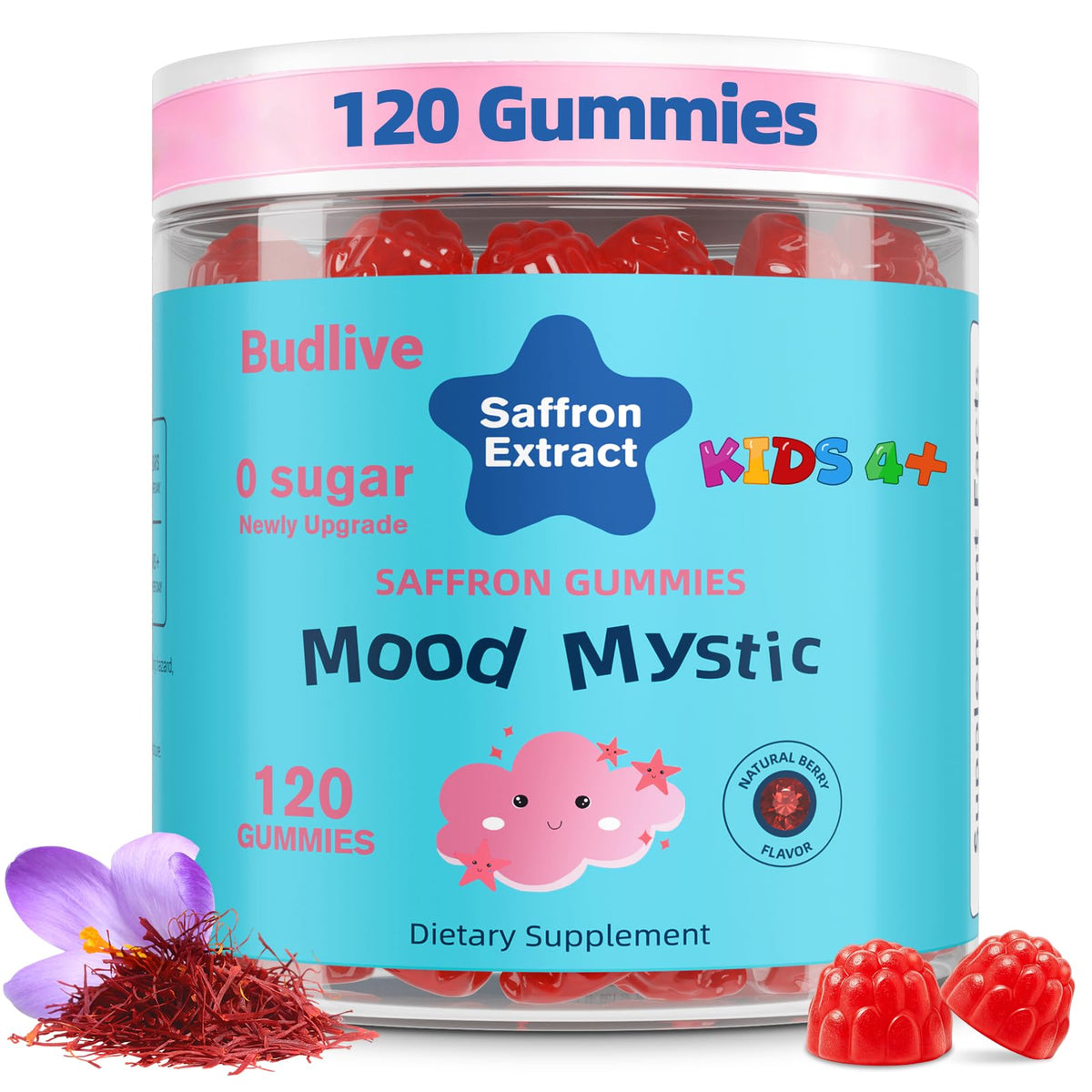BudLive envase frontal Mood Mystic mostrando frasco y 120 gominolas, conveniente para padres