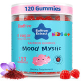 BudLive envase frontal Mood Mystic mostrando frasco y 120 gominolas, conveniente para padres