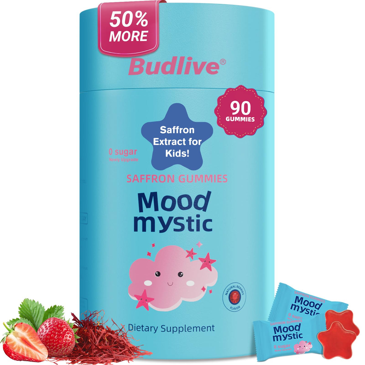 BudLive frontal del envase mostrando gominolas y beneficios claros