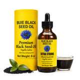 BUIE frasco frontal de aceite semilla negra, presentación clara y orgánica
