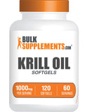 BulkSupplements frasco de aceite de krill 1000 mg mostrando el envase y beneficio conveniencia