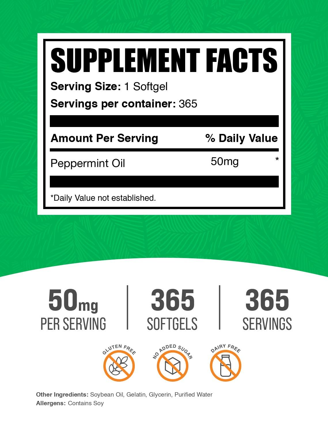 BulkSupplements primer plano de cápsula blanda de aceite de menta, textura lisa y cierre hermético