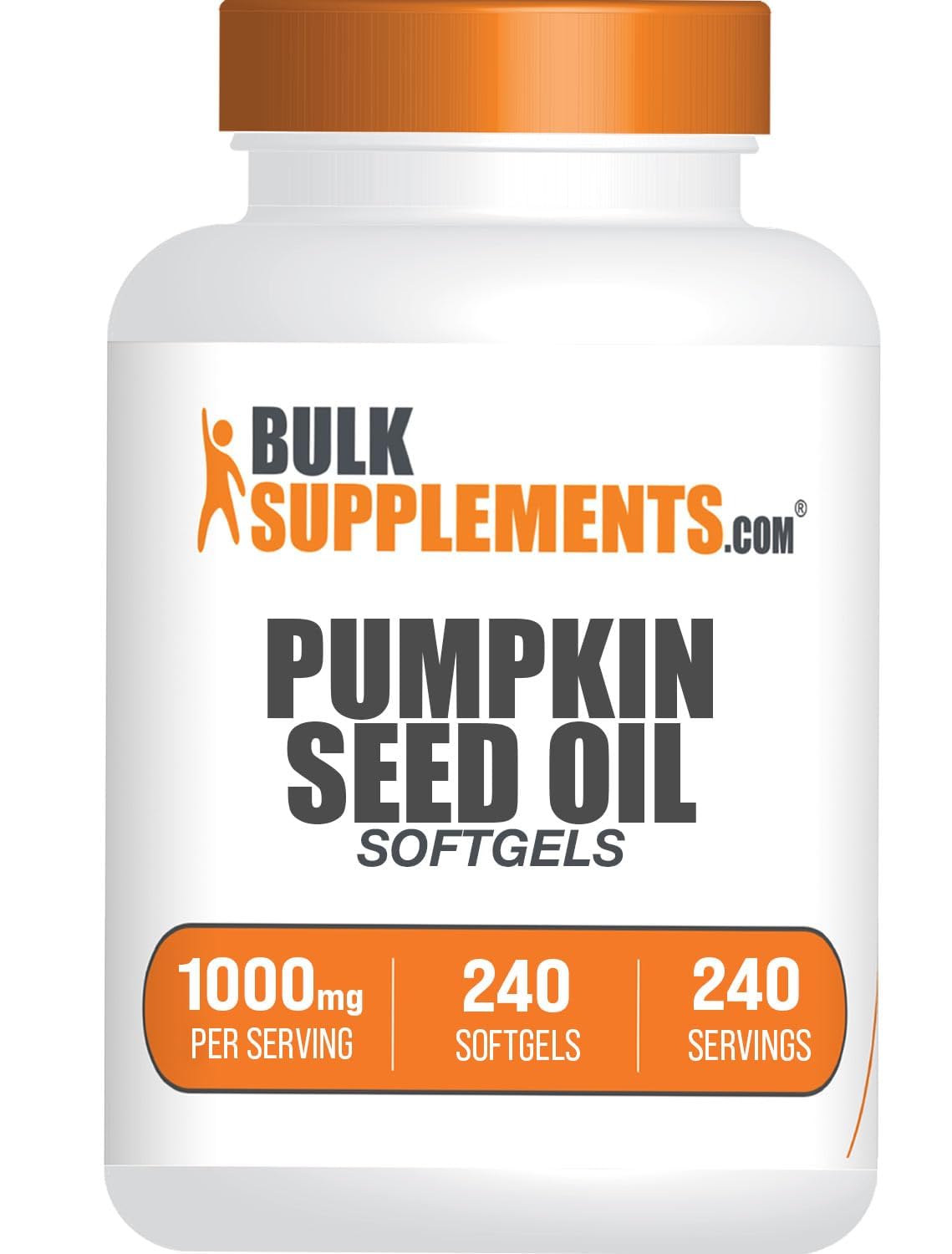 BulkSupplements envase frontal de aceite de semilla de calabaza mostrando etiqueta clara y cantidad