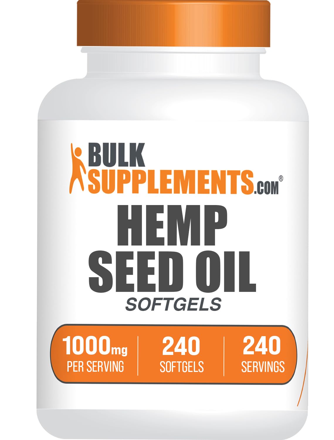 BulkSupplements frasco frontal del aceite de semilla de cáñamo mostrando etiqueta y beneficio de pureza