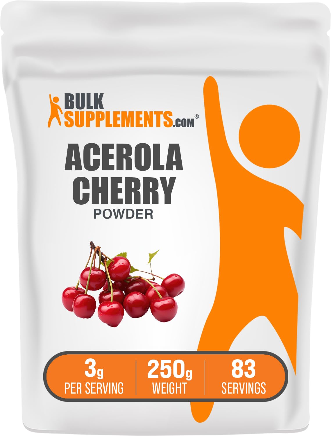 BulkSupplements envase frontal de acerola en polvo, presentación clara y fiable