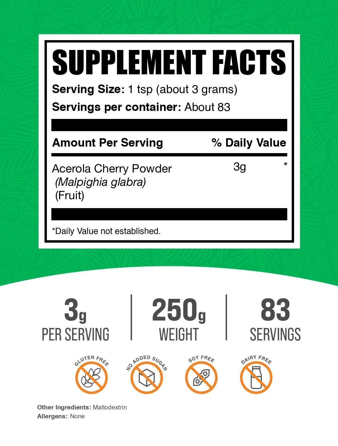 BulkSupplements detalle de la textura del polvo de acerola, fácil de mezclar