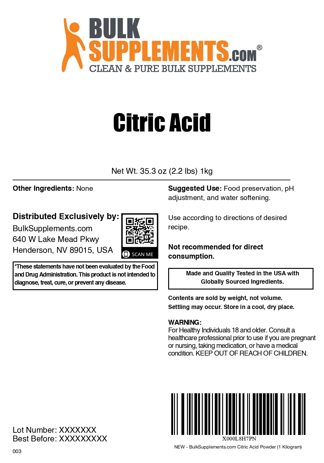 BulkSupplements textura fina del polvo de ácido cítrico, fácil dosificación y mezcla