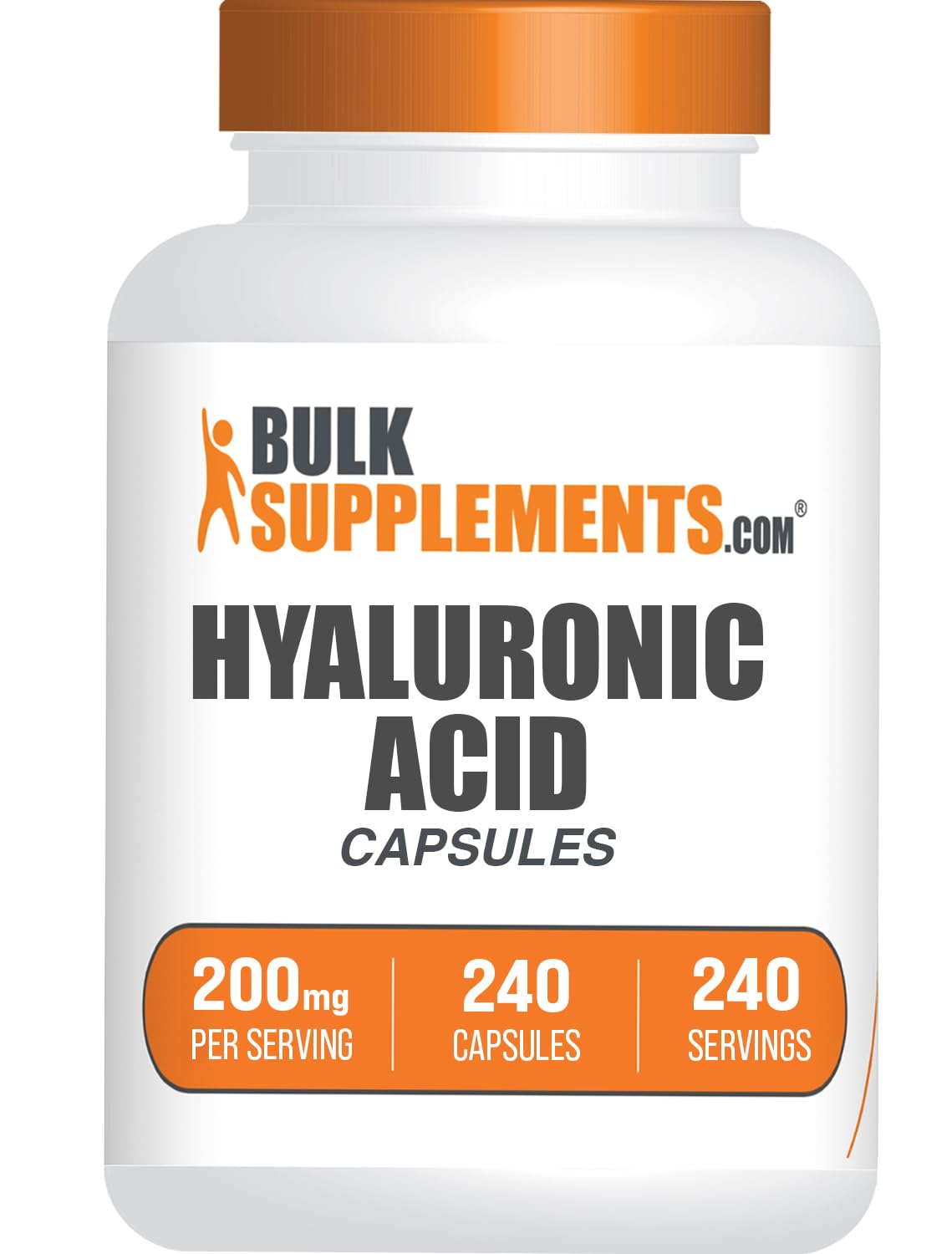 BulkSupplements envase frontal de ácido hialurónico mostrando 240 cápsulas y claridad de marca