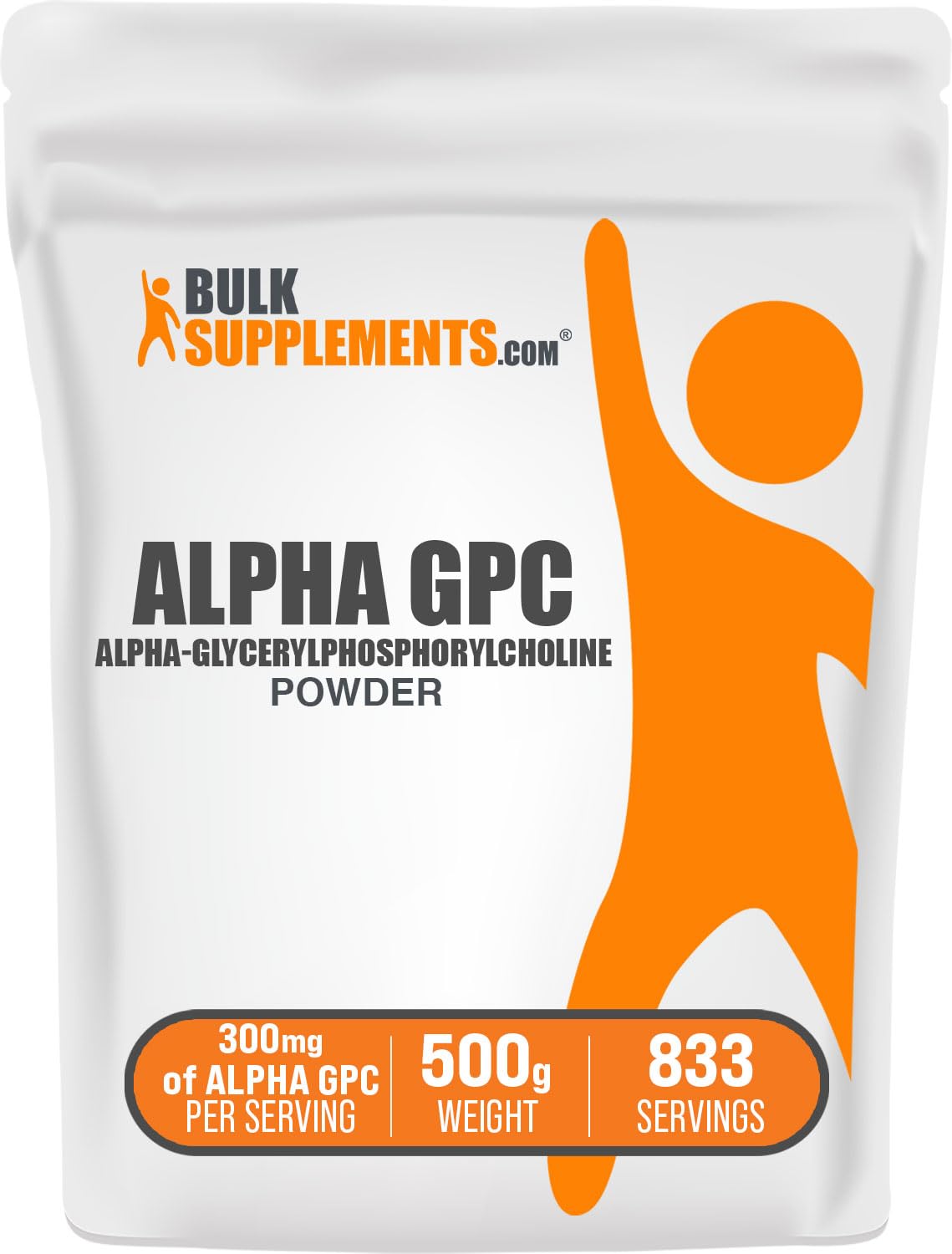 BulkSupplements envase frontal del Alpha GPC mostrando presentación y beneficio de dosificación flexible