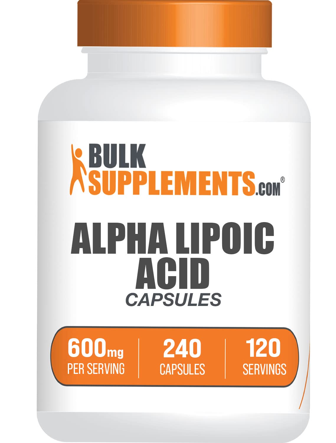 BulkSupplements frasco frontal de Alpha Lipoic Acid 600 mg, envase grande y claro