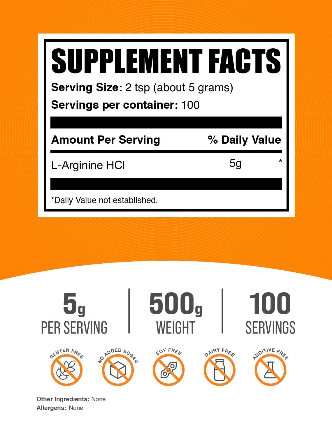 BulkSupplements primer plano del polvo de arginina resaltando pureza y finura