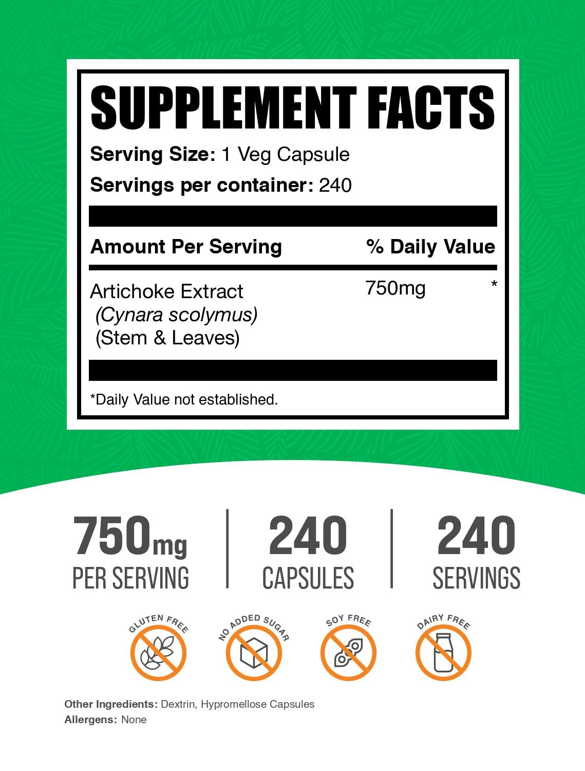 BulkSupplements primer plano de una cápsula vegana de Artichoke Extract mostrando tamaño y forma