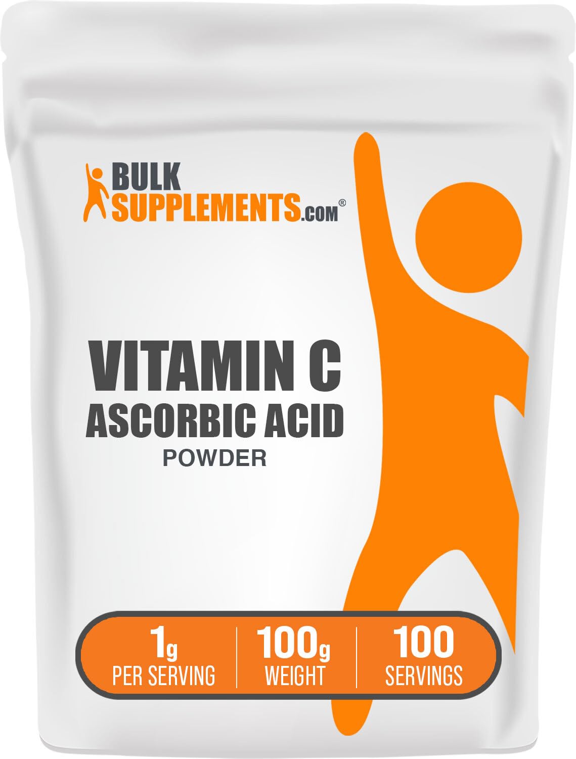 BulkSupplements frasco frontal mostrando polvo de vitamina C y envase claro