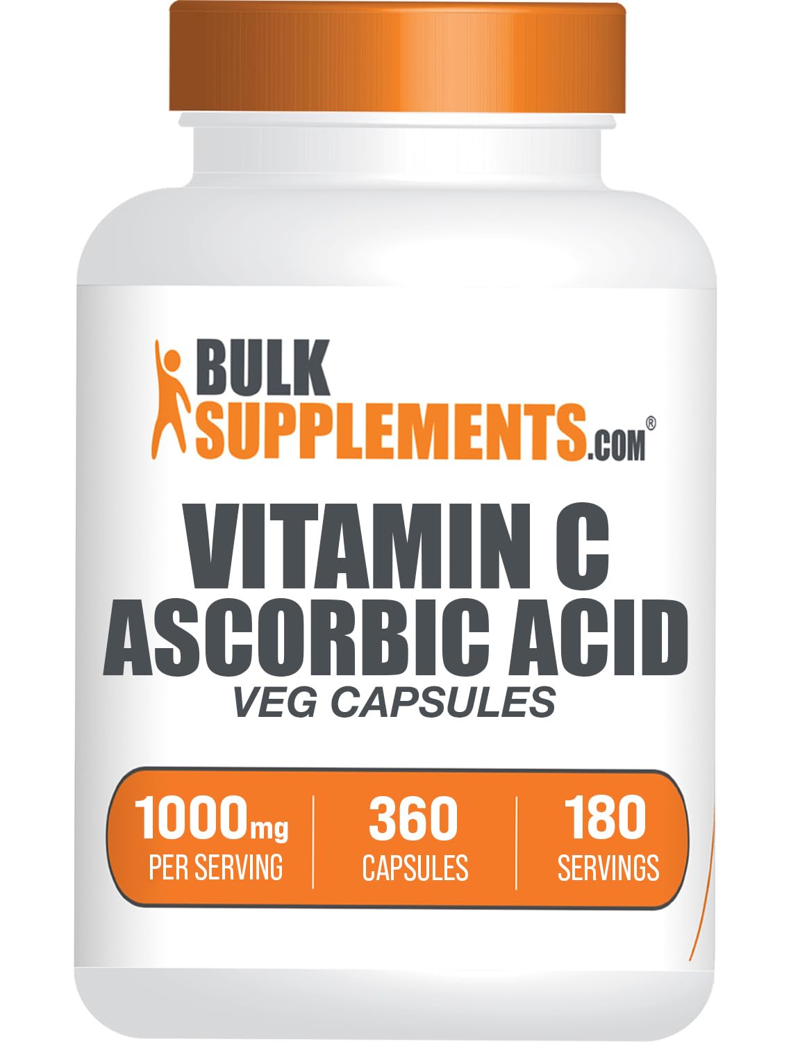 BulkSupplements envase frontal de Ascorbic Acid 360 cápsulas beneficio: dosificación clara