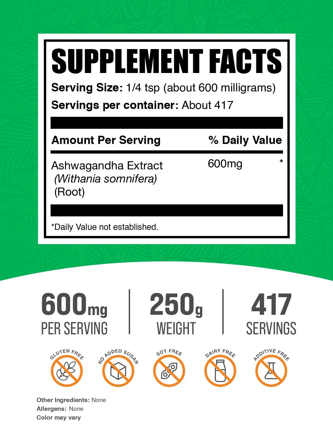 BulkSupplements primer plano del polvo de ashwagandha revelando textura fina y fácil mezcla