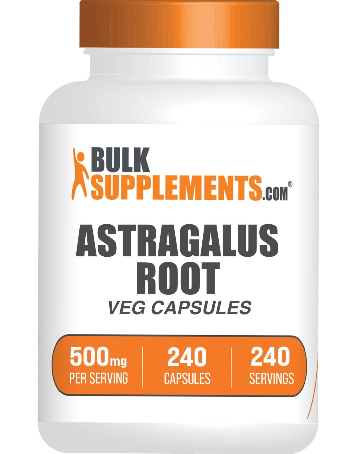 BulkSupplements frasco frontal de Astragalus 240 cápsulas mostrando tamaño y marca