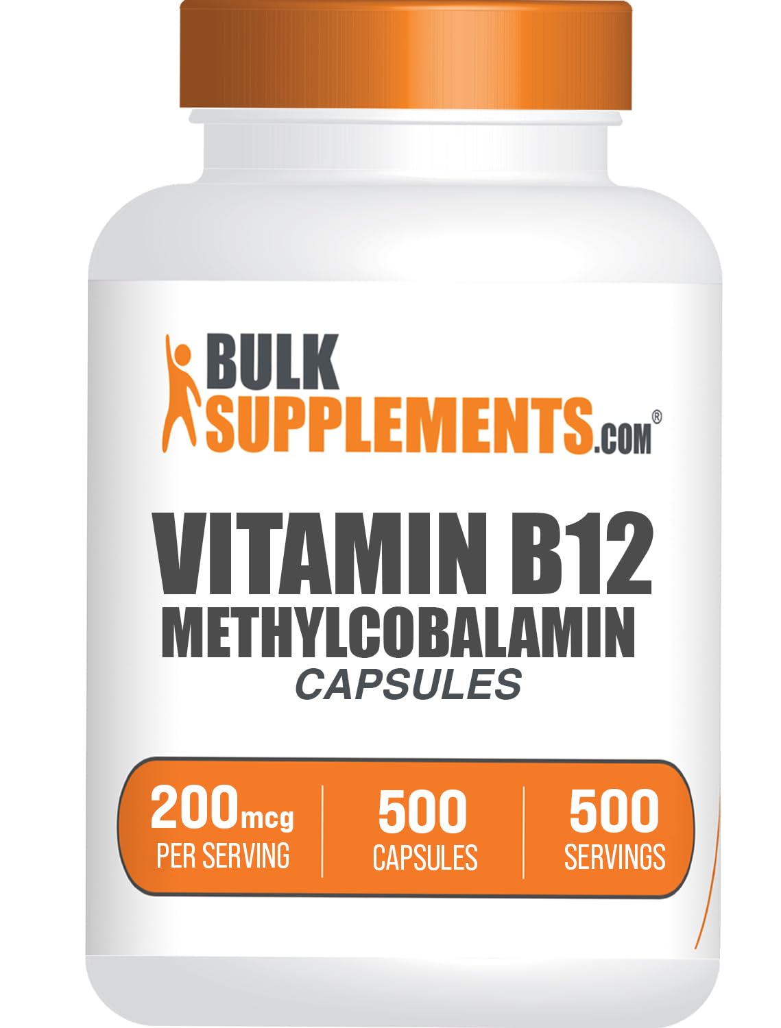 BulkSupplements envase frontal de B12 500 cápsulas mostrando concentración y sin gluten