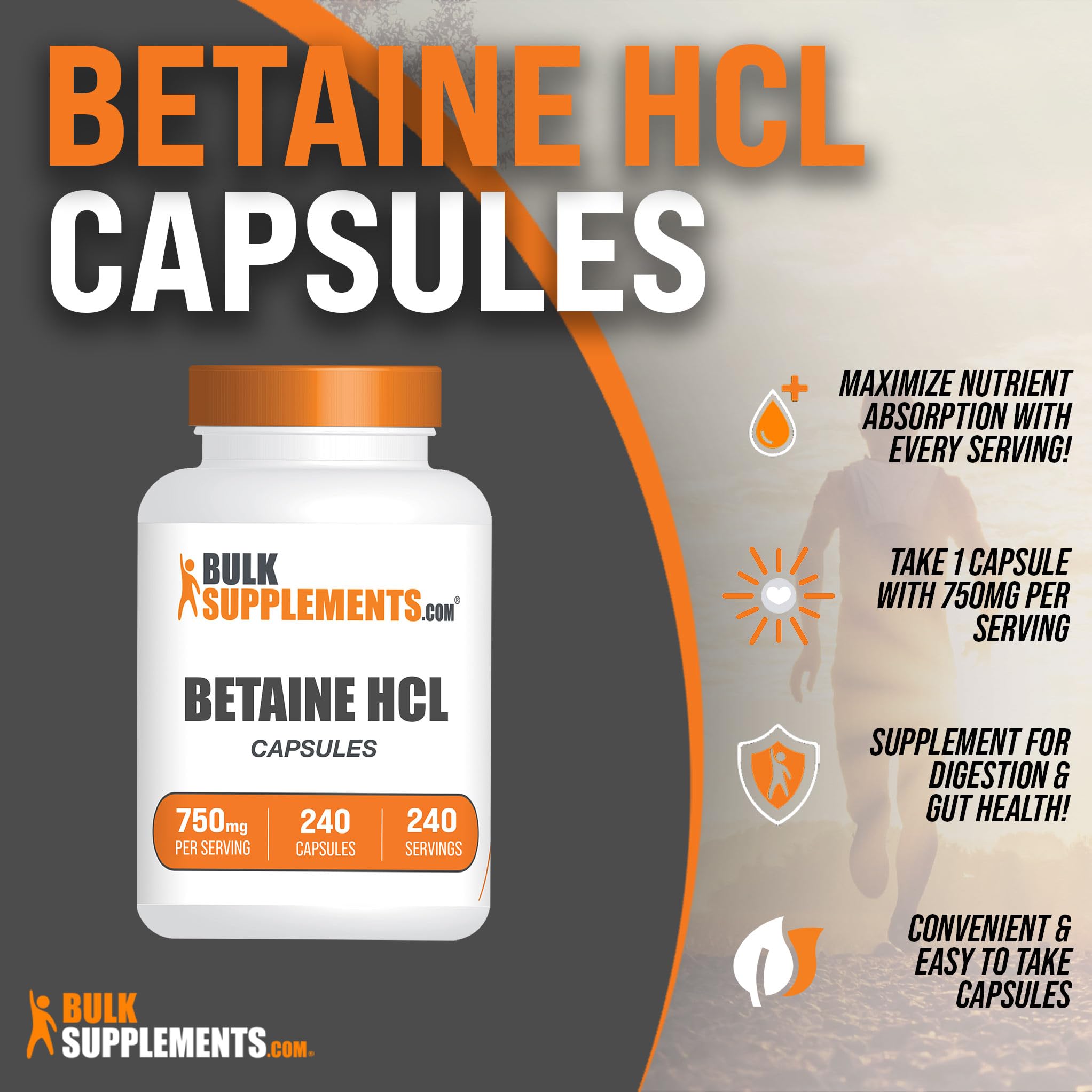 BulkSupplements cápsula de Betaine HCl 750 mg en mano para referencia de escala